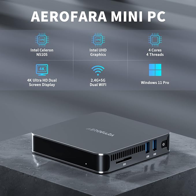 Mini PC Aerofara 2 Pro — Intel Celeron N5105, 8 Go RAM, SSD 512 Go, Windows 11 Professionnel, 4K