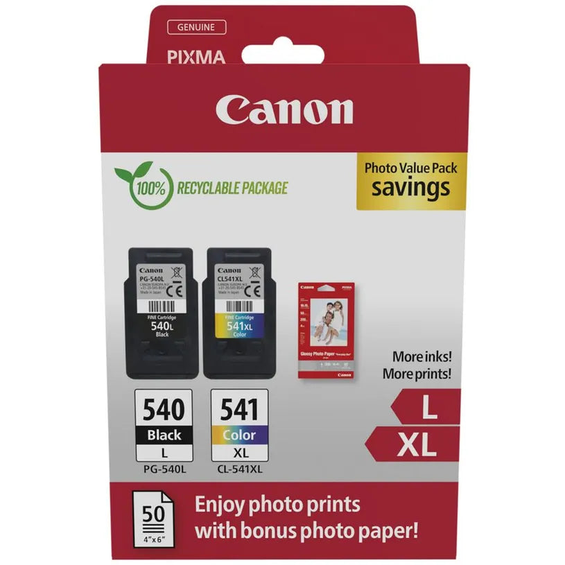 Canon — Pack 2 Cartouches Noir + Couleurs L/XL + 50 Feuilles Papier Photo (5224B013)